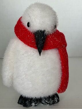 White Fuzzy Penguin Figurine with Red Scarf 7”